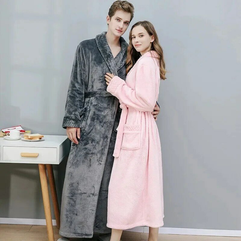 Men Winter Plus Size Long Coral Fleece Bathrobe Women Cozy Robes Kimono Warm Flannel Bath Robe Night Sleepwear Dressing Gown