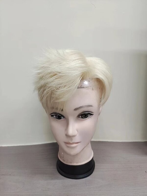 #613 Ash Blonde European Human Hair PU Topper Single Knots Silicone Base Men Toupee Injection Scalp Top Custom Made Any Size