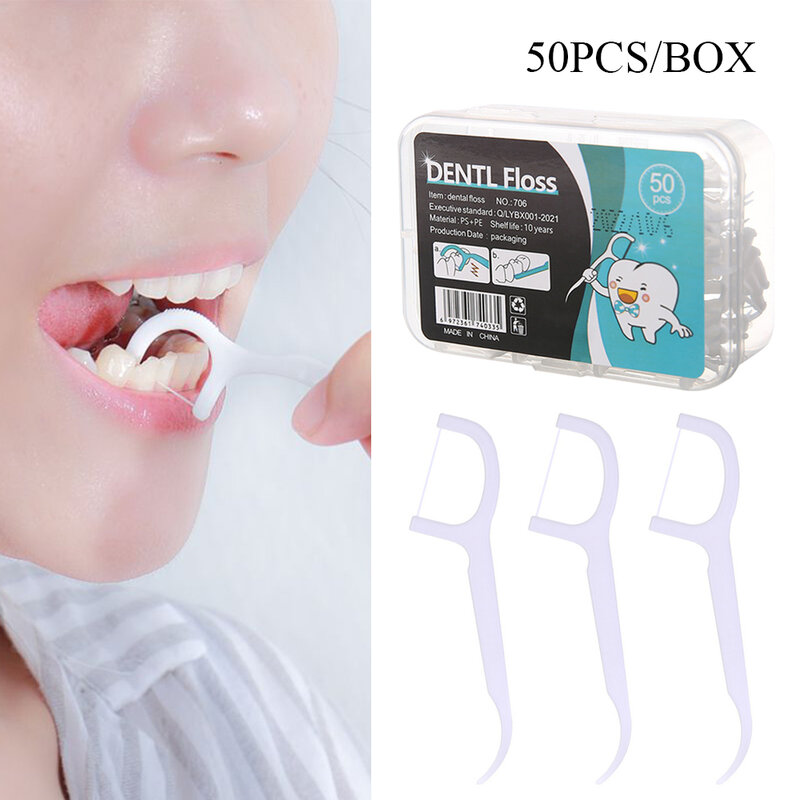 Tusuk gigi sekali pakai, Floss gigi dengan pegangan alat pembersih gigi portabel perlengkapan perawatan kebersihan mulut 50 buah
