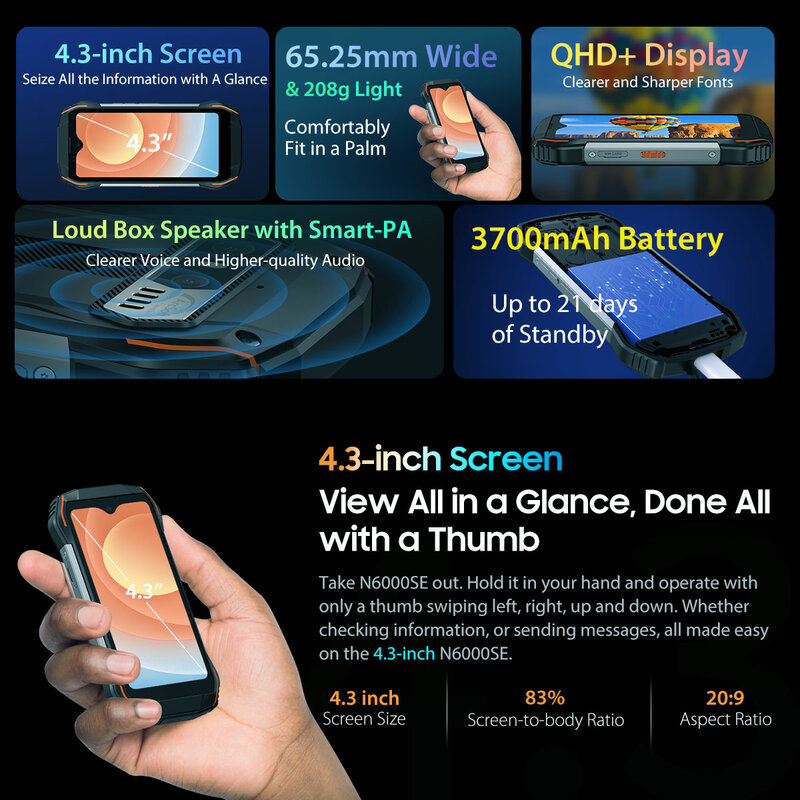 Blackview N6000SE 견고한 스마트폰 미니 4.3 인치 디스플레이, MTK 옥타코어 휴대폰, 4GB RAM, 128GB, 13MP 카메라, 3700mAh, 안드로이드 13