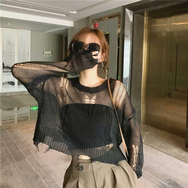Black Gothic Thin Women Pullover Loose Sweater 2024 Lady Hollow Out Hole Broken Streetwear Stretch Split Knit Short Top