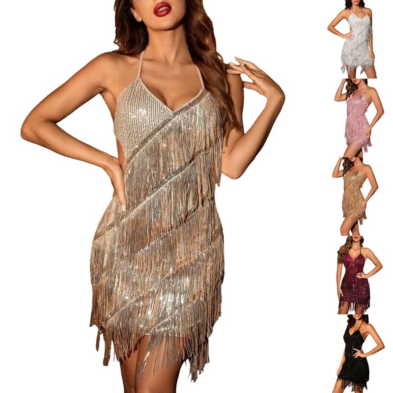 Dresses For Women 2024 Spaghetti Strap Solid Color Backless Tassel Glitter Sparkly Sequin Dress For Women Shiny Women's Dress