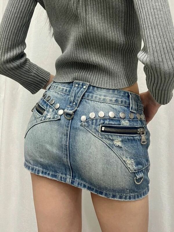 2024 Jeans rock American Y2k Retro Schwerindustrie Niet Jeans rock weibliches heißes Mädchen abnehmen schlanke A-Linie Hüftrock Trend