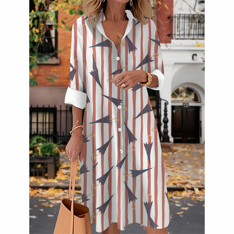 2024 Summer Fashion New Striped Sailboat Print Women's Suit Collar Long Sleeve Casual Dress Daily Loose Comfortable S-5XL