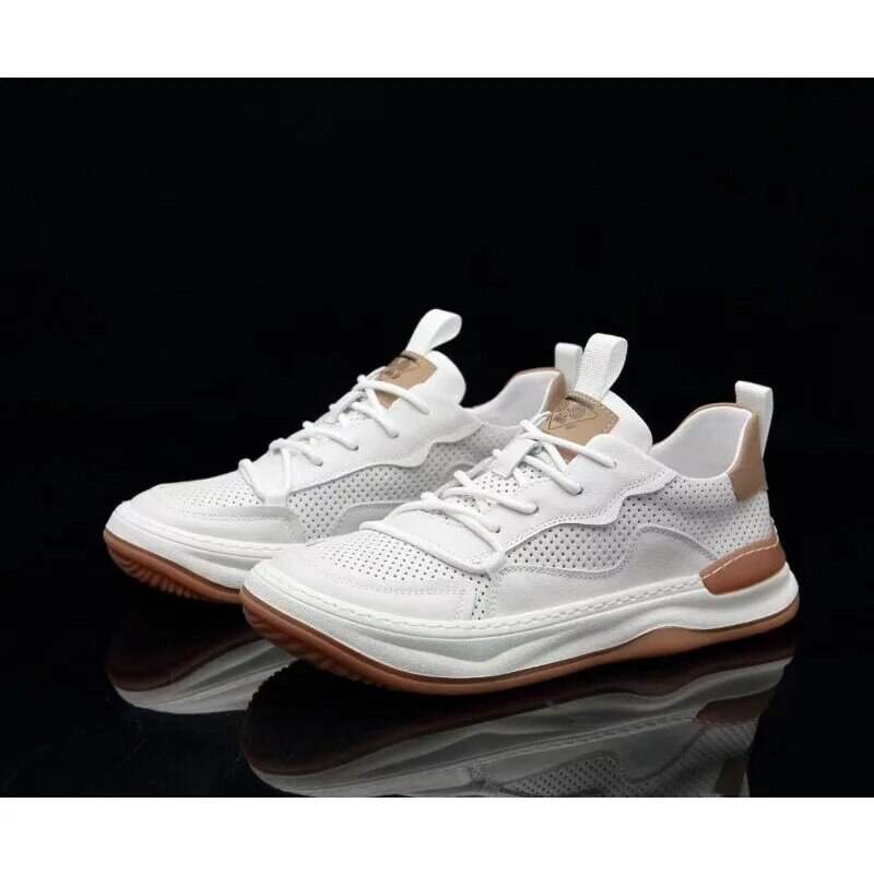 2024 Summer Shoes Mens Fashion Sneakers Genuine Leather Black White Shoes Soft Cow Leather Flat Male Brand Footwear DX091