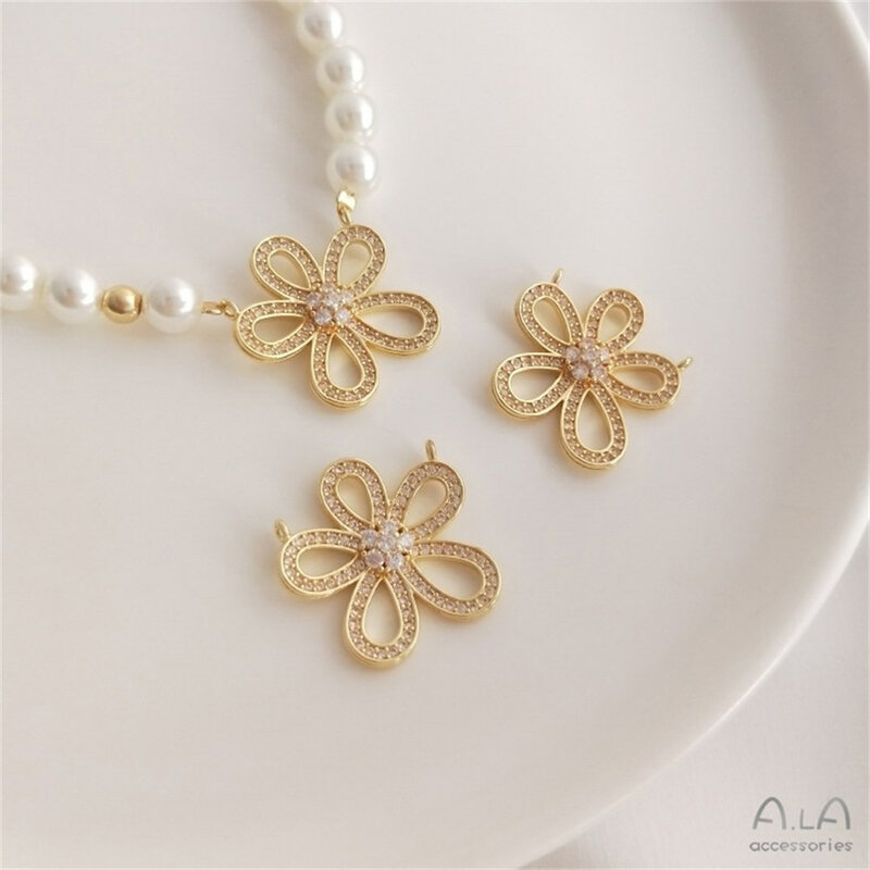 14k banhado a ouro micro-embutidos zircão flor pingente, colar de pérolas DIY, encantos da moda, K395