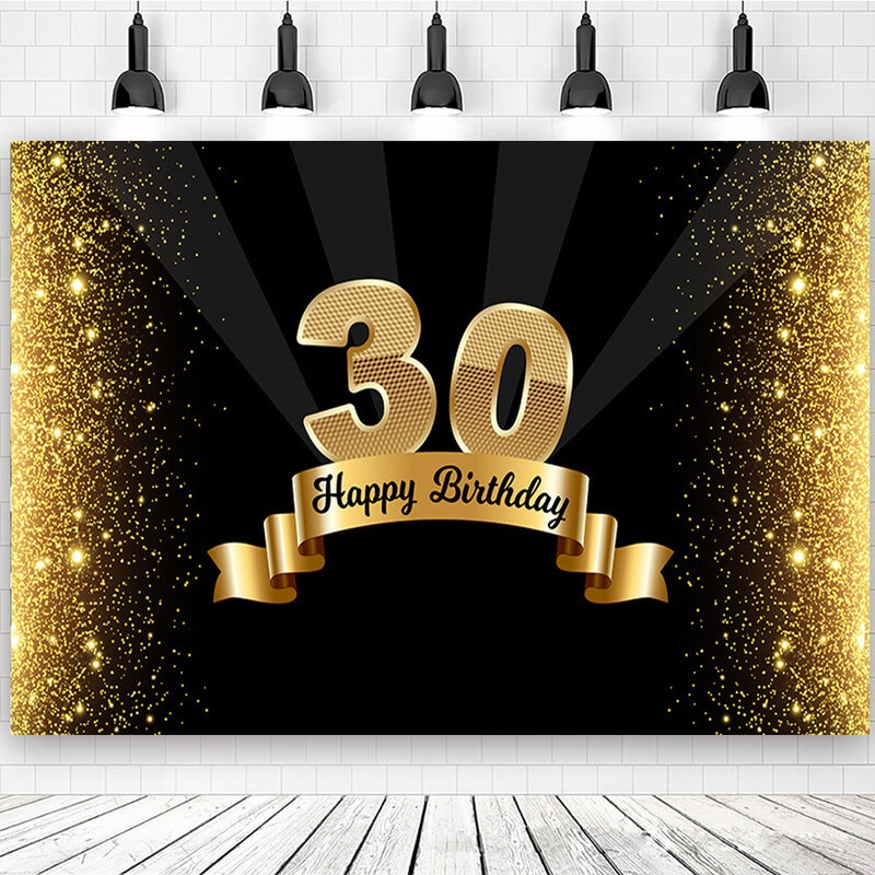 Fondo de fiesta de cumpleaños para adultos, decoración de fondo de fotografía de champán negro y dorado, pancarta de 10-90 años