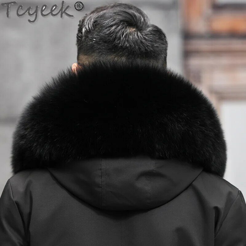 Tcyeek-男性用のアライグマの毛皮の襟パーカー,Rexウサギの裏地,取り外し可能な暖かいコート,冬のファッション衣類,2023