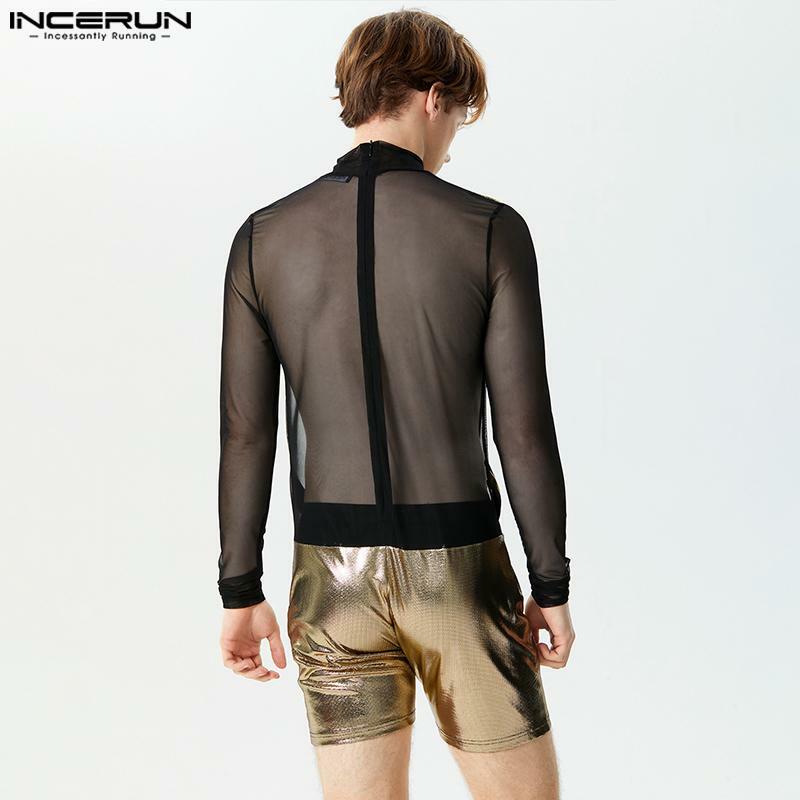 Incerun Heren Bodysuits Glanzend Mesh Patchwork Uitgehold Sexy Coltrui Lange Mouw Heren Rompertjes Streetwear 2024 Mode Playsuits