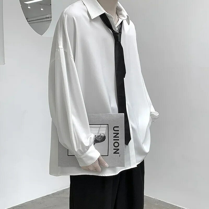 Camisas de manga larga con corbata negra para hombre, blusas cómodas coreanas, camisa suelta informal de un solo pecho, camiseta Harajuku