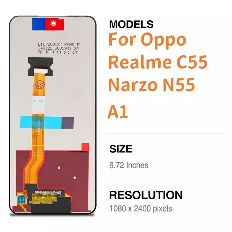 Pengganti Digitizer layar sentuh, LCD 6.72 inci Ori untuk Oppo Realme C55 RMX3710, rakitan Digitizer layar sentuh untuk Narzo N55 Oppo A1