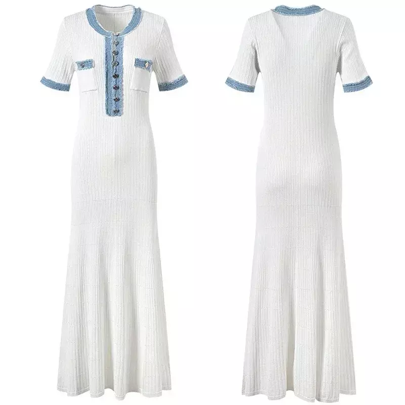 Non Original Sandro Elegant Temperament Dress, Denim Lace Short Sleeved Waistband Knitted Long Skirt, High-end Customization