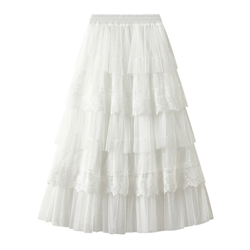 Mid Long Skirt Women Korean Fashion Hollow Out Cake Skirts Female Summer Vintage Casual Loose Slim Ruffles Lace Half Dress