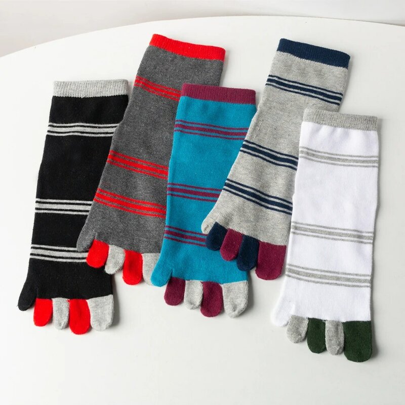 5 Pairs/lot Men's Middle Tube Socks Pure Cotton Breathable Black White Stripes Boys Father Casual Harajuku Sports Split Toe Sock