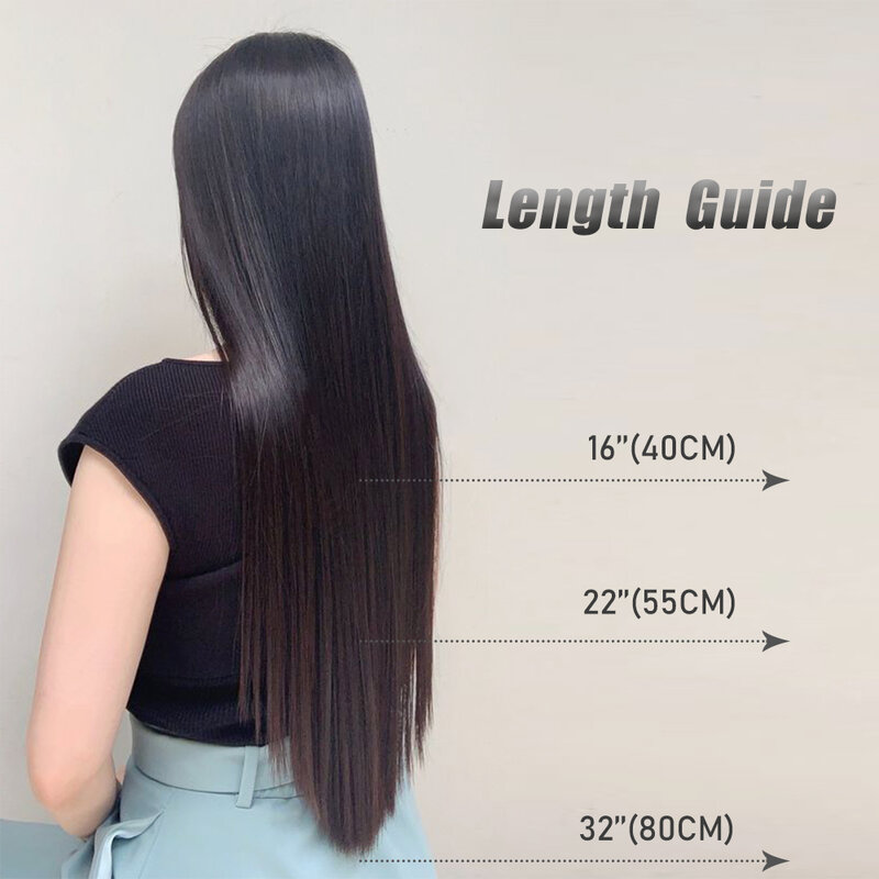 Xinran Synthetische Lange Rechte Kapsels 5 Clip In Hair Extension 22Inch/32Inch Hittebestendige Haarstukken Bruin Zwart