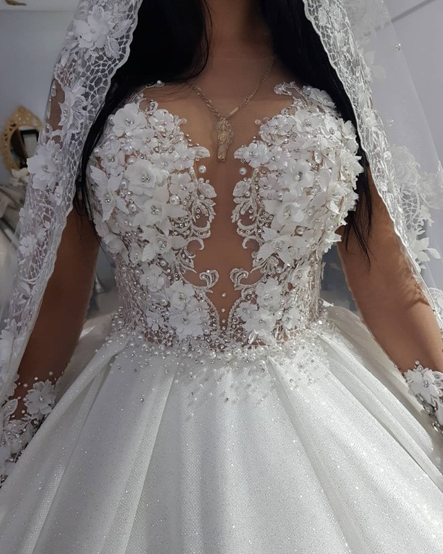 Disesuaikan 3D bunga ilusi korset lengan penuh gaun pernikahan applique Glitter Tulle renda Kereta bola gaun untuk pengantin