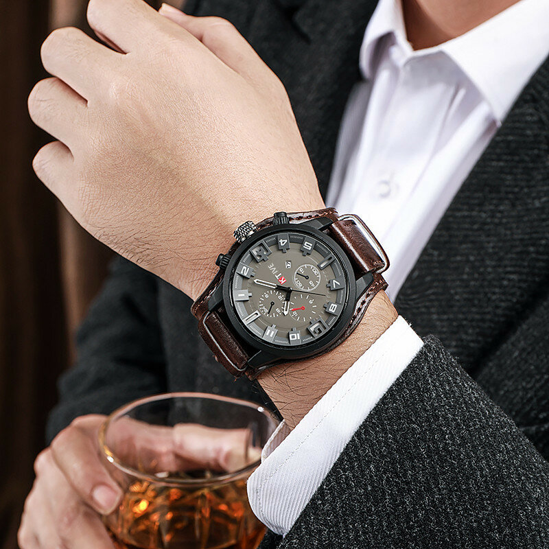 YIKAZE Retro męskie zegarki klasyczny luksusowy biznes kwarcowy zegarek moda duża tarcza skórzany pasek data zegarek wojskowy dla mężczyzn