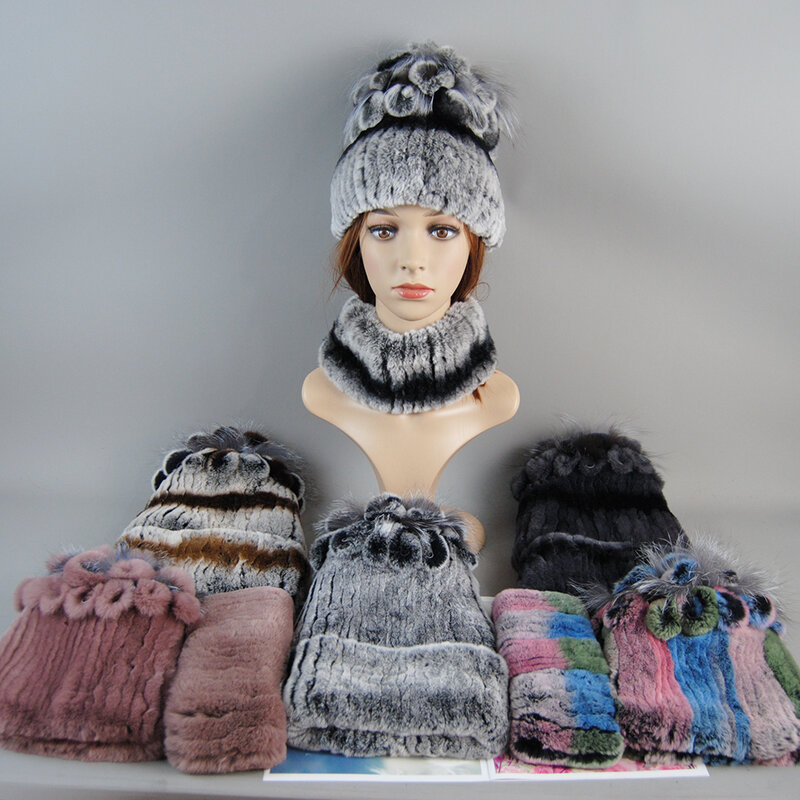 Topi bulu kelinci Rex asli dan Set syal topi Beanie rajut musim dingin wanita topi Beanie bulu alami topi Beanie wanita elastis