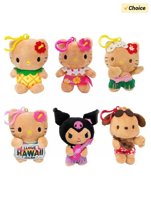 16cm Anime Sanrio Hello Kitty Kuromi Plush Dolls Filled Keychain Dark Skin Hawaiian Series Cartoon Plush Toys Bag Pendant Charms