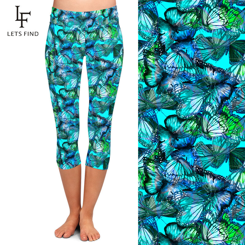LETSFIND 2020 nowe wysokiej jakości kobiety legginsy Capri niebieskie motyle drukuj wysokiej talii Fitness miękkie połowy łydki legginsy