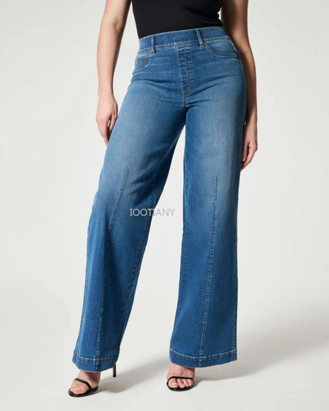 سراويل جينز نسائية متوسطة الخصر واسعة الساق ، جينز مطاطي عالي الخصر ، سراويل نسائية غير رسمية مغسولة ، الموضة ،!!!