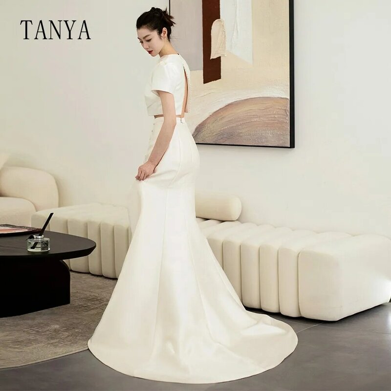 O dekolt satynowa syrenka suknia ślubna dwuczęściowa z wysokim wycięciem bocznym z krótkimi rękawami Sweep Train pochwa suknia ślubna szykowna TSWD228