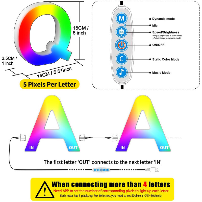 Alphabet Led Letter Light Colorful with Smart APP MeRGBW Music Sync Sign Light for Boy Girl Kids Gift Decor Night Light Letter Q