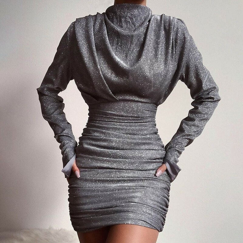 Women's Cocktail Dress Long Sleeve Crew Neck Ruched Slim Hip Wrap Bodycon Glitter Sparkly Sequin Dress Sexy Party Dress Vestidos