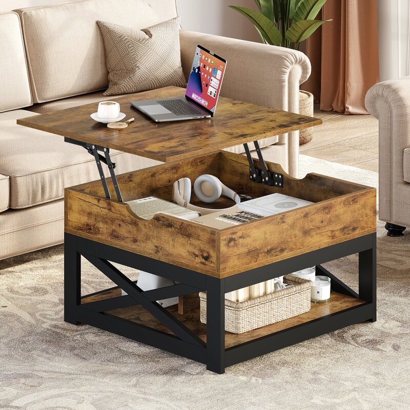US  Farmhouse Lift Top Coffee Table with Hidden Storage Square Center Cocktail Table