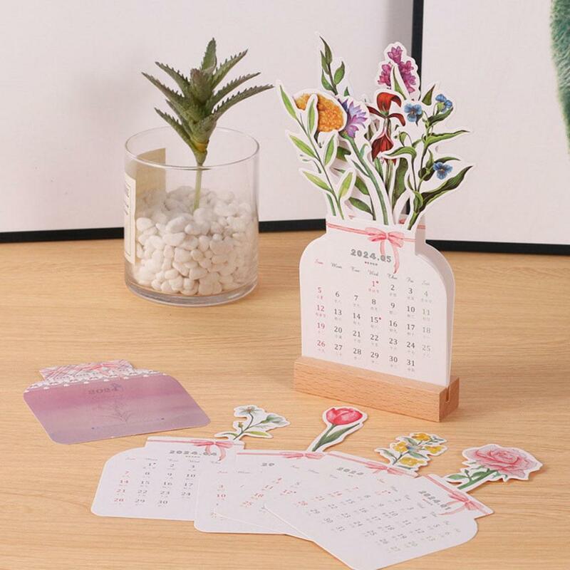 1pc 2024 Wooden Frame Bloomy Flowers Desk Calendar Cute Creative Mini Notepad Exquisite Floral Girl Desktop Calendar Decoration
