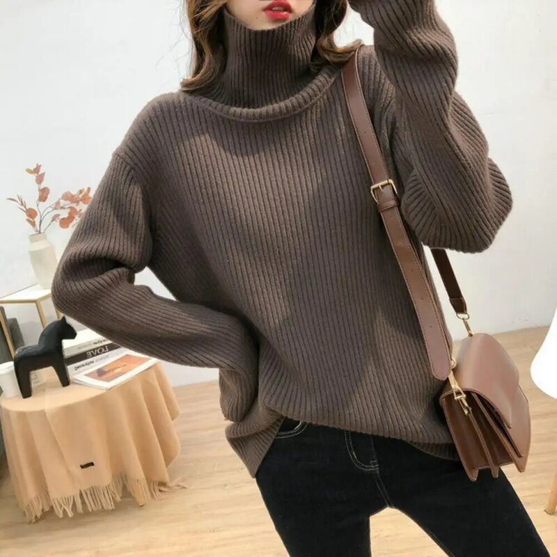 Sweater wanita musim gugur, Sweater Wanita warna Solid, Sweater Turtleneck nyaman, pakaian rajut bergaris untuk musim gugur musim dingin longgar