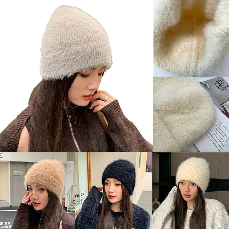 Windproof Rabbit Wool Cap High Quality Knitted Plus Solid Color Vintage Elegant Cap Party Gift Knitted Hat Outdoor Warm Hat