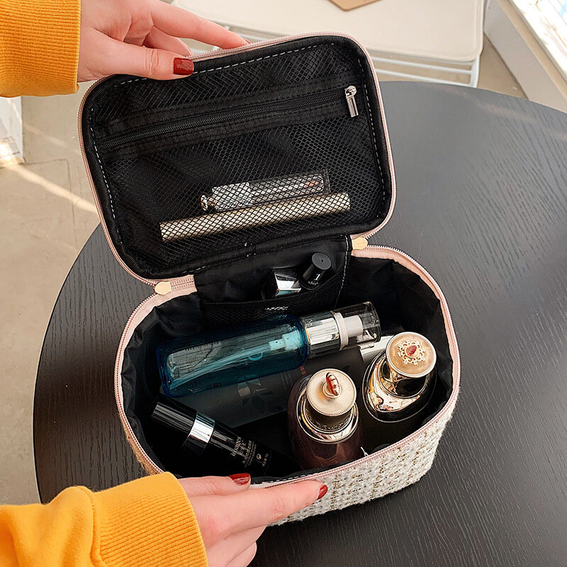 Chique moda portátil grande capacidade cilindro saco cosmético viagem armazenamento maquiagem caso cosméticos sacos para mulher
