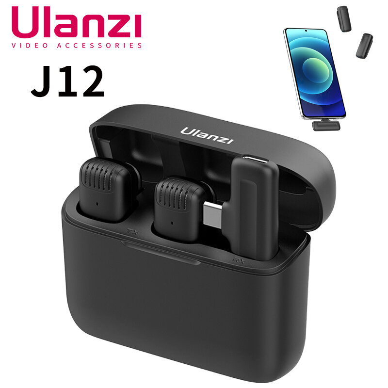 Ulanzi J12 mikrofon Lavalier nirkabel, mikrofon perekam suara sistem Audio Video untuk iPhone atau Android ponsel Laptop PC siaran langsung