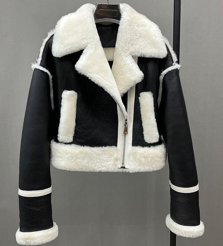 2023 New Women Fashion Leather Crop Jackets Double Face Shearing Coats Real Sheepskin Wool Coat Winter Warm Short Overcoat 3658