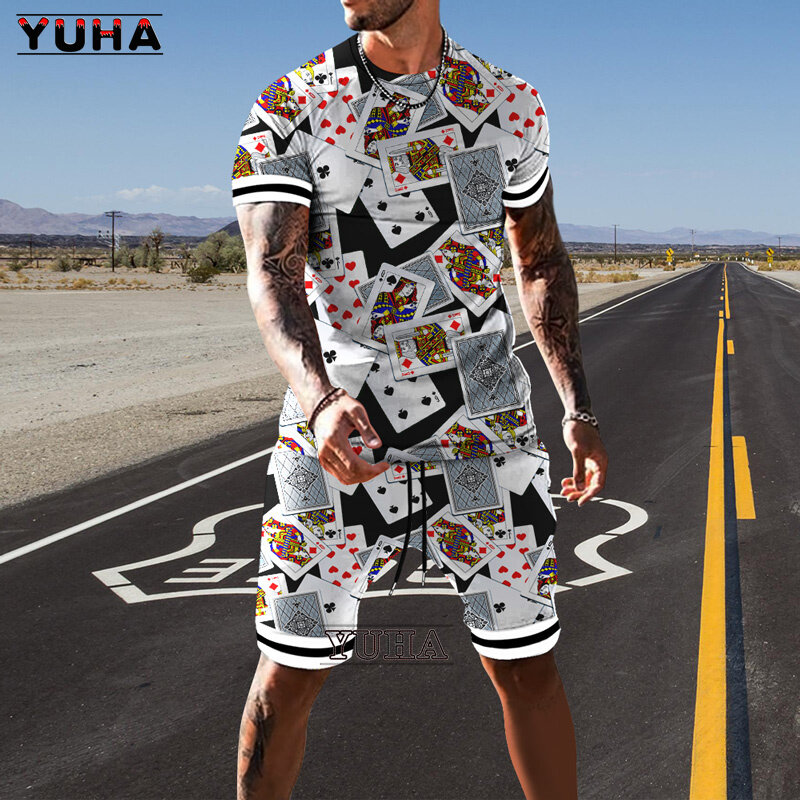 YUHA,ผู้ชาย Vintage Streetwear 3D พิมพ์เสื้อยืดสำหรับชายฤดูร้อน Tshirt กางเกงขาสั้นสองชิ้นชุด Tracksuit ขนาดใหญ่ Cl