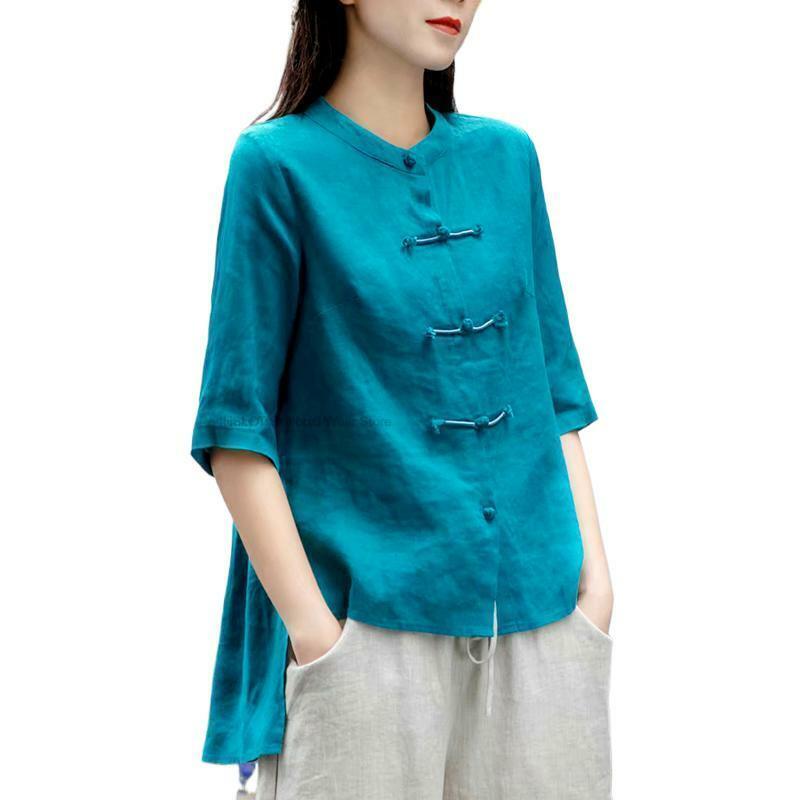 เสื้อเชิ้ตผ้าคอตตอนและลินินกระดุมสไตล์ย้อนยุคสไตล์จีนสำหรับผู้หญิงเสื้อคาร์ดิแกนวินเทจสไตล์จีน