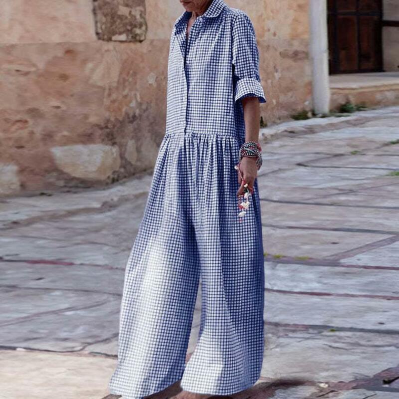 Soft Jumpsuit Stylish Check Print Women's Jumpsuit with Long Sleeves Wide Legs Casual Loose Fit for A Fashionable Look Elastic