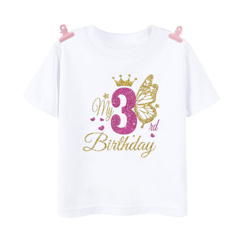 Maglietta di compleanno per ragazze 1-12 maglietta di compleanno maglietta selvaggia maglietta per feste per ragazze vestiti stampati a farfalla regali per bambini maglietta di moda