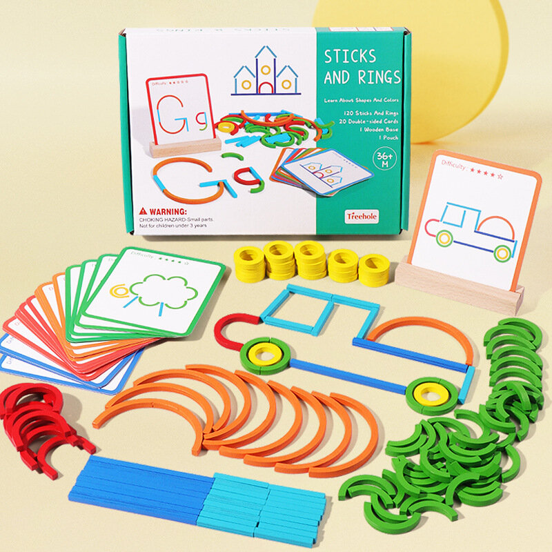 لغز العصي والخواتم الإبداعية الخشبية ، لعبة الذكاء ، ألعاب تعليمية مونتيسوري في مرحلة الطفولة المبكرة للأطفال بعمر 3 سنوات