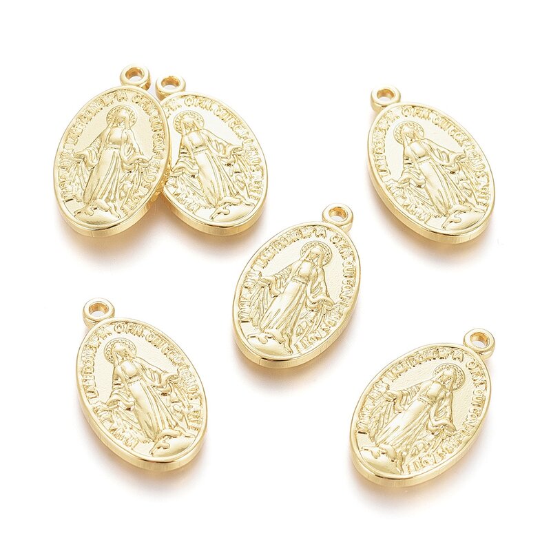 Colgantes de latón para fabricación de joyas, 10 piezas, ovalados con dijes de la Virgen María, Medalla Milagrosa Real chapada en oro de 18K, pulsera y collar DIY
