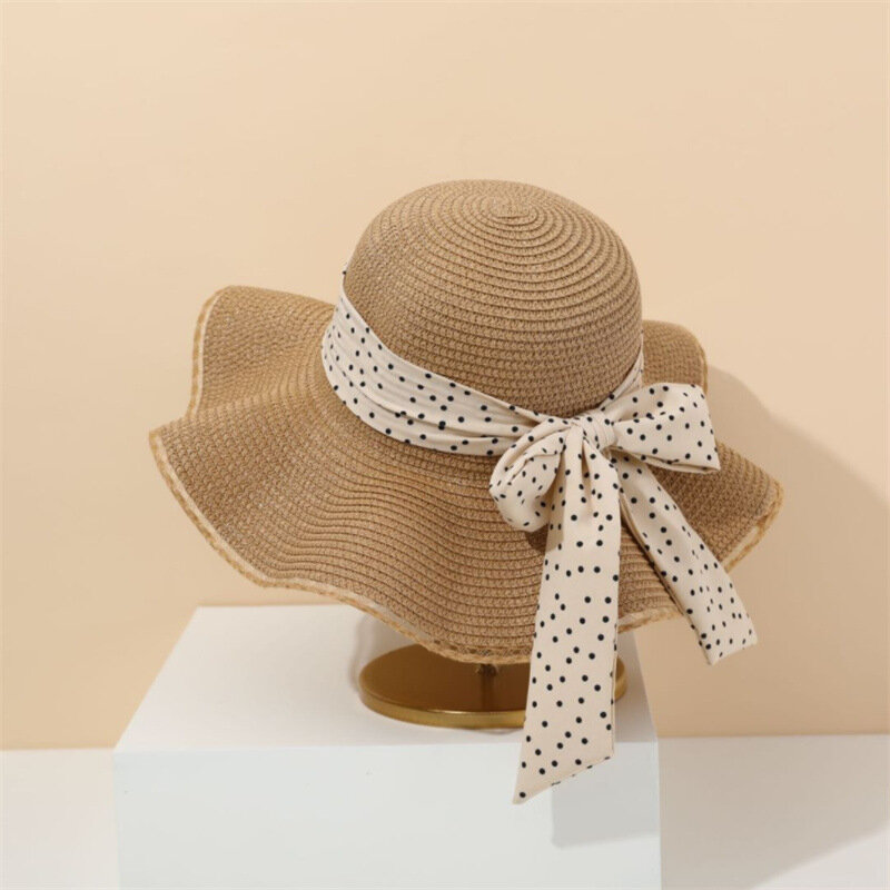 Sombrero de paja con protección solar para mujer, sombrero de paja con forma de lazo, ala grande, ideal para vacaciones en la playa y el verano