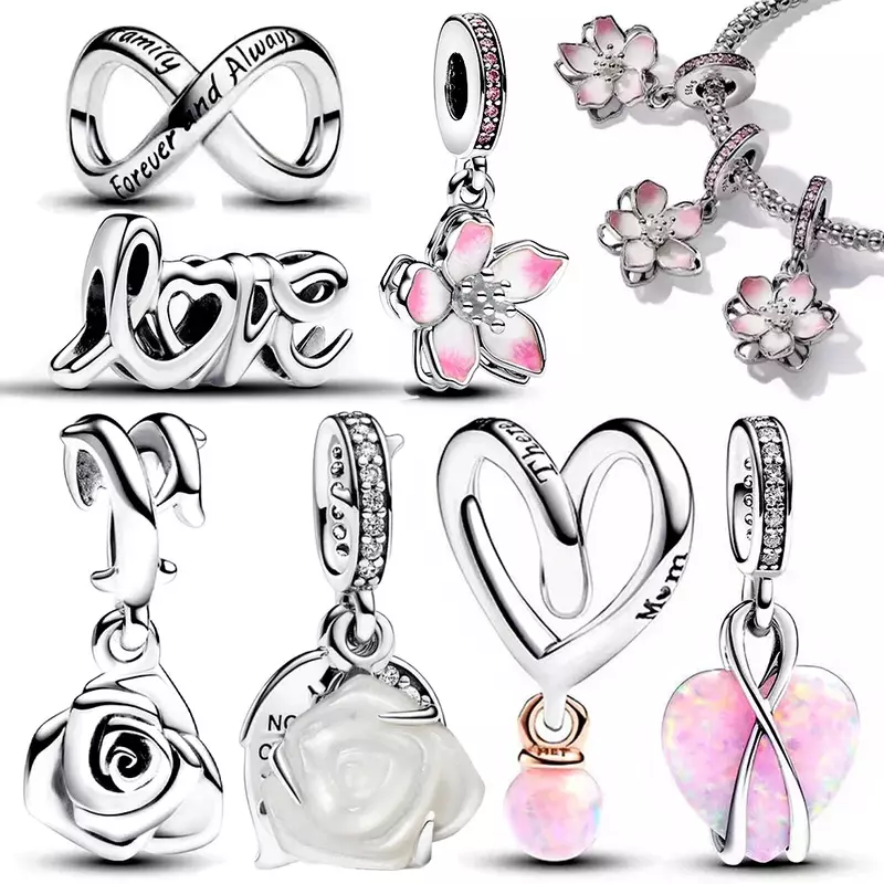 925 contas de prata, zircão, rosa, flor rosa, jasmim branco, se encaixa pulseira pandora, presentes de jóias originais, novo, 2024