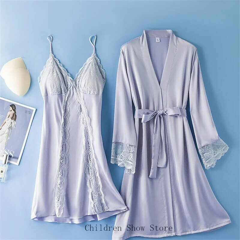 Sexy Lace Patchwork Nightgown Robe Rayon Lingerie Sleepwear Women Summer Nighty&robe Set Kimono Bathrobe Loose Nightwear
