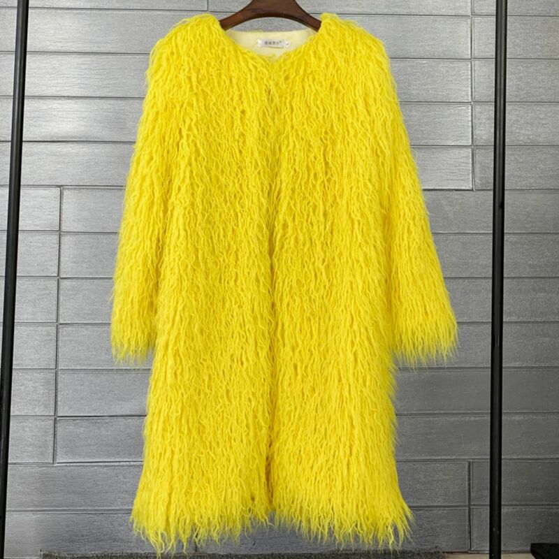 Jaket bulu imitasi wanita, woolly pantai wol domba panjang mantel bulu warna-warni musim dingin bulu buatan