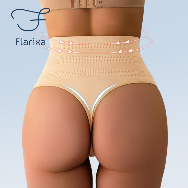Flarixa High Rise Thongs for Women Tummy Control Underwear Seamless Thong Panties Belly Shaper Briefs Butt Lifter Body Shaper