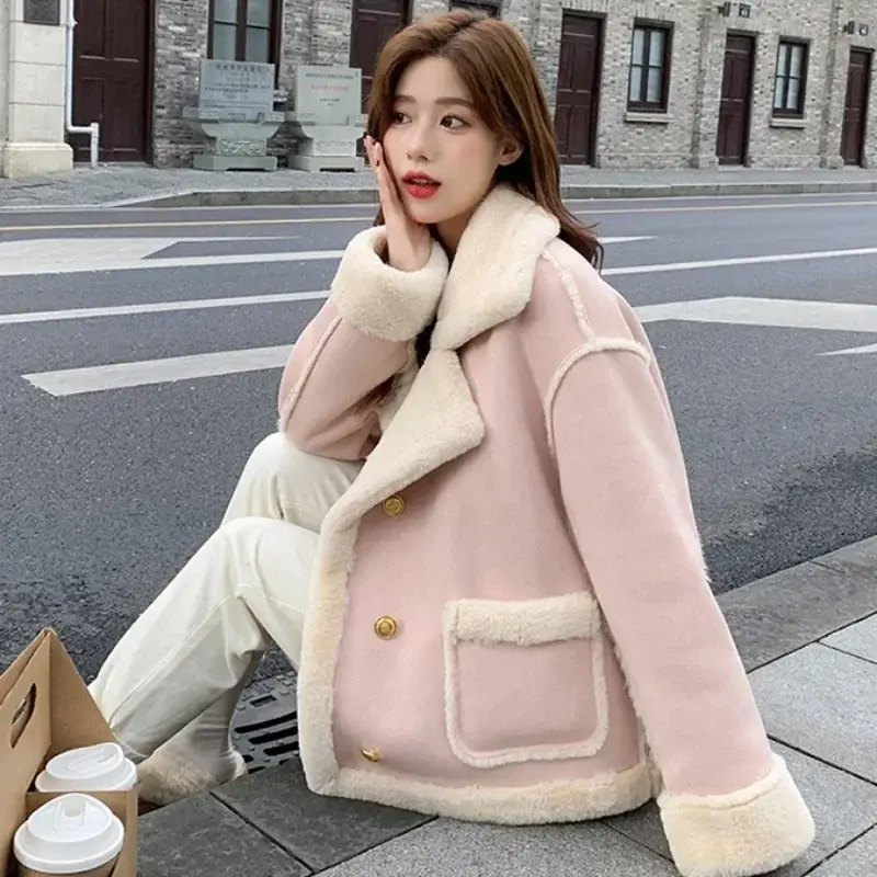 Jacket women's short winter imitation cashmere fur solid color loose splicing long sleeve small Korean version thickened new