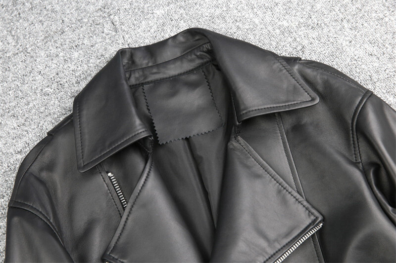 2024Leather leather coat  autumn winter new fashion versatile motorcycle style zipper loose medium length sheepskin top coat