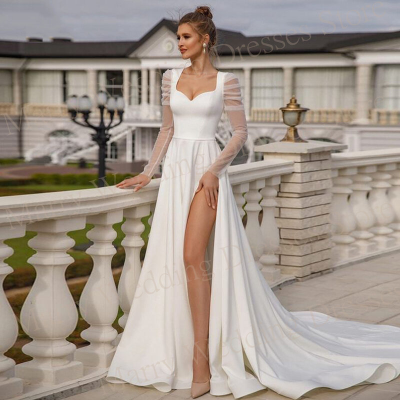 Elegante affascinante una linea abiti da sposa moderno colletto quadrato abiti da sposa manica lunga in raso con spacco laterale alto Vestido De Novias