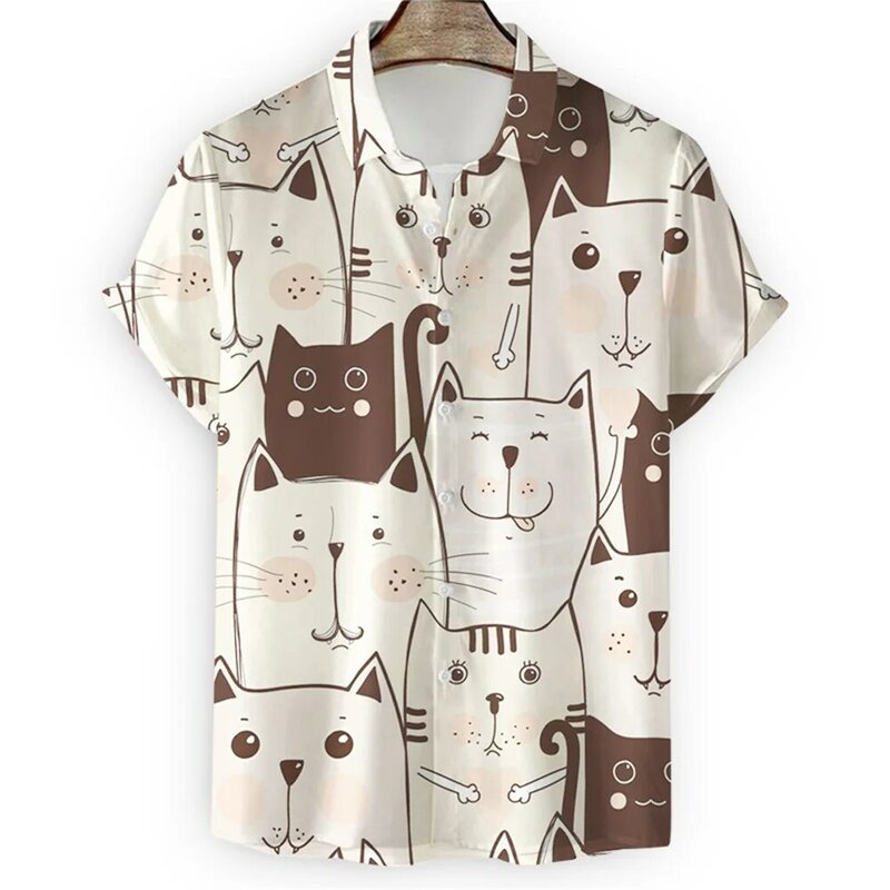 Camisa masculina com gola havaiana, impressão 3D, manga curta, gato fofo, casual, roupas vintage, blusa floral Harajuku
